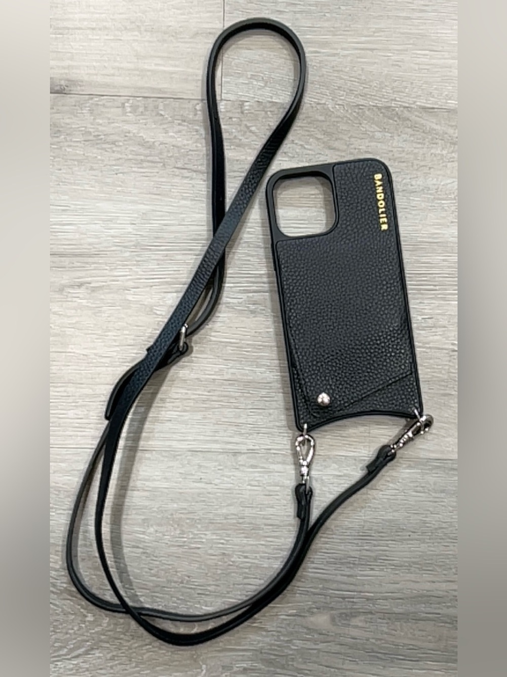 Bandolier Emma iPhone 13 Pro Max Crossbody Case Blk Pebble Leather Silver